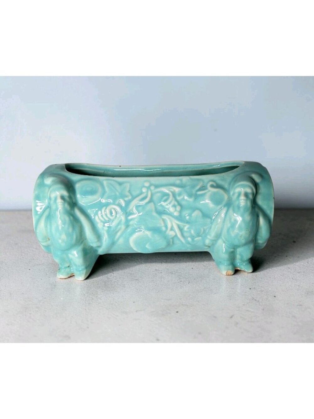 Vintage MCM Embossed Gnome Elf Log Planter Forest Fairy Vines Aqua READ